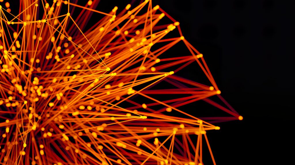 Vibrant orange lines and dots form an abstract network on a dark background, evoking technology and connectivity.