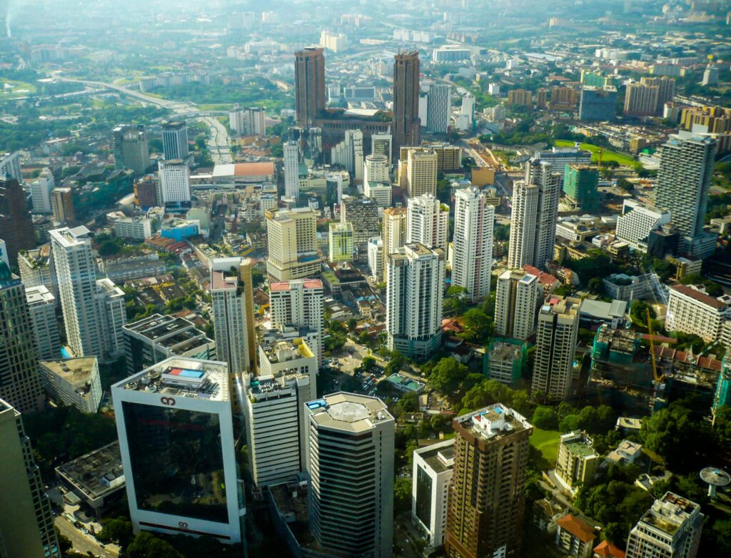 Stunning aerial photograph capturing the vibrant cityscape of Kuala Lumpur, Malaysia.